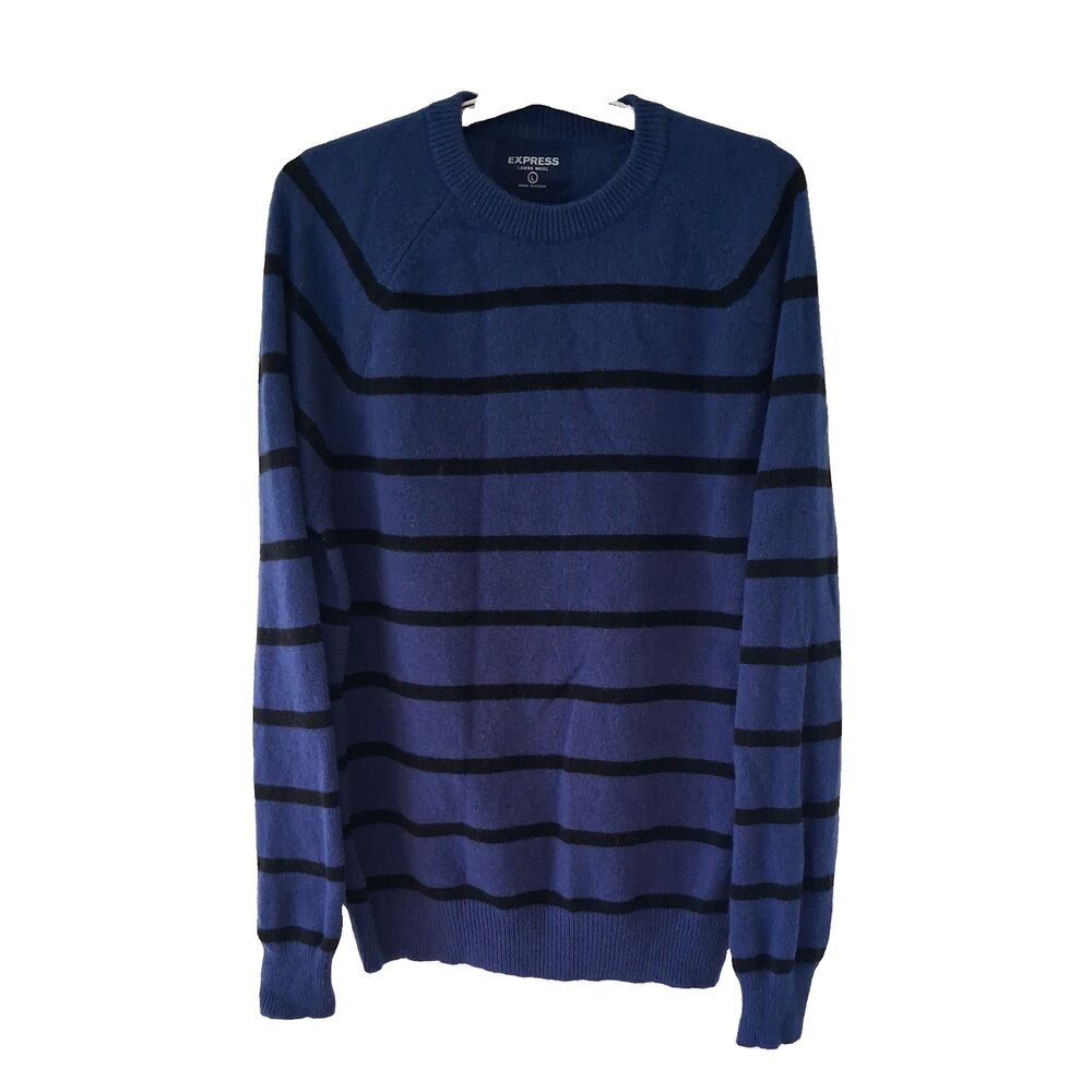 Express Lambs Wool Sweater mens large blue black stripe long sleeve vneck